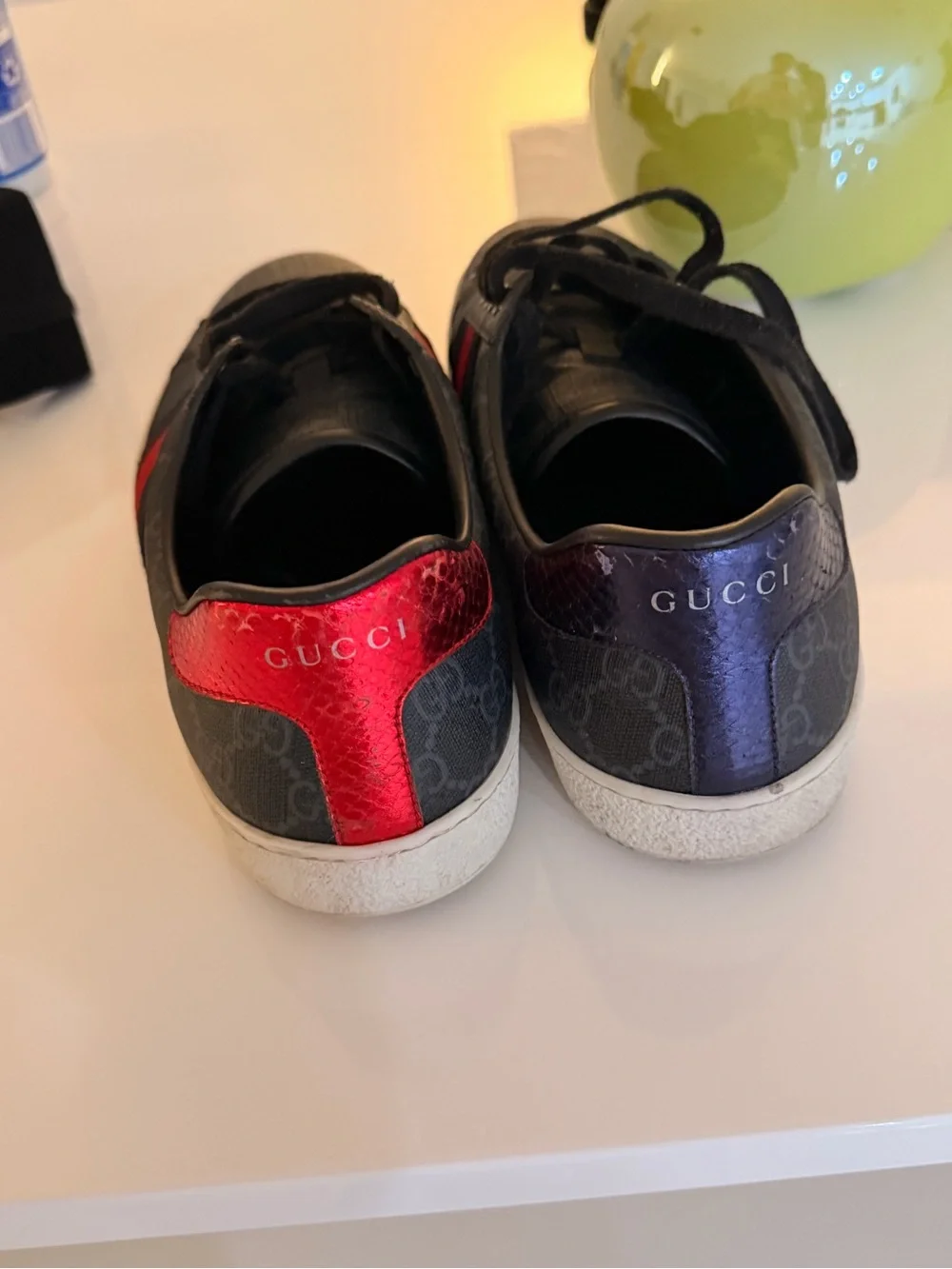Gucci Black GG Monogram Low-Top Sneakers with Red and Blue Stripe